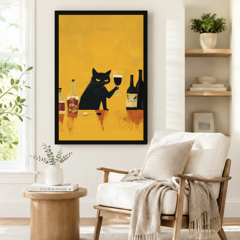 Black framed yellow background black cat wine wall art print displayed beside wooden accent chair and round side table in cozy Scandinavian reading nook