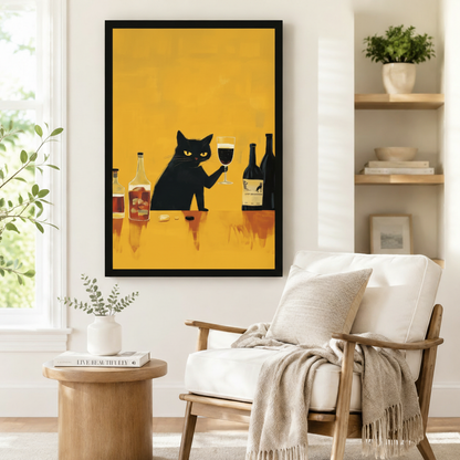 Black framed yellow background black cat wine wall art print displayed beside wooden accent chair and round side table in cozy Scandinavian reading nook