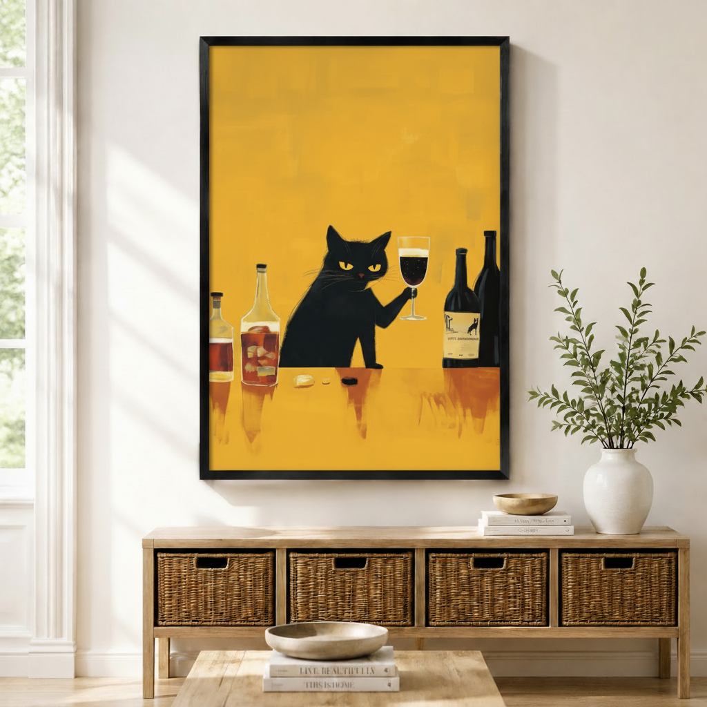 Framed black cat holding red wine glass with bottles on yellow background wall art displayed above wicker storage console in bright American entryway