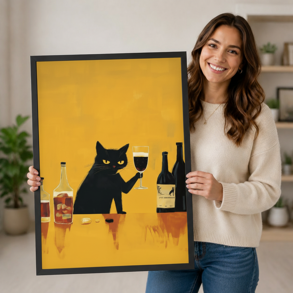 Smiling woman holding large black framed black cat red wine art print on yellow background in bright home interior lifestyle photo