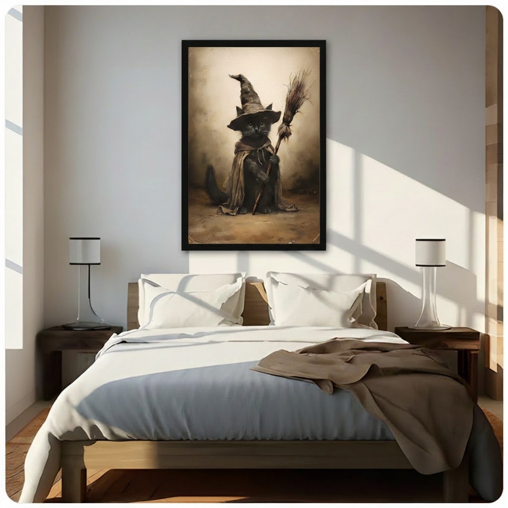 Framed black cat witch with broom sepia vintage wall art above bed in bright sunlit neutral bedroom with wood nightstands and white bedding