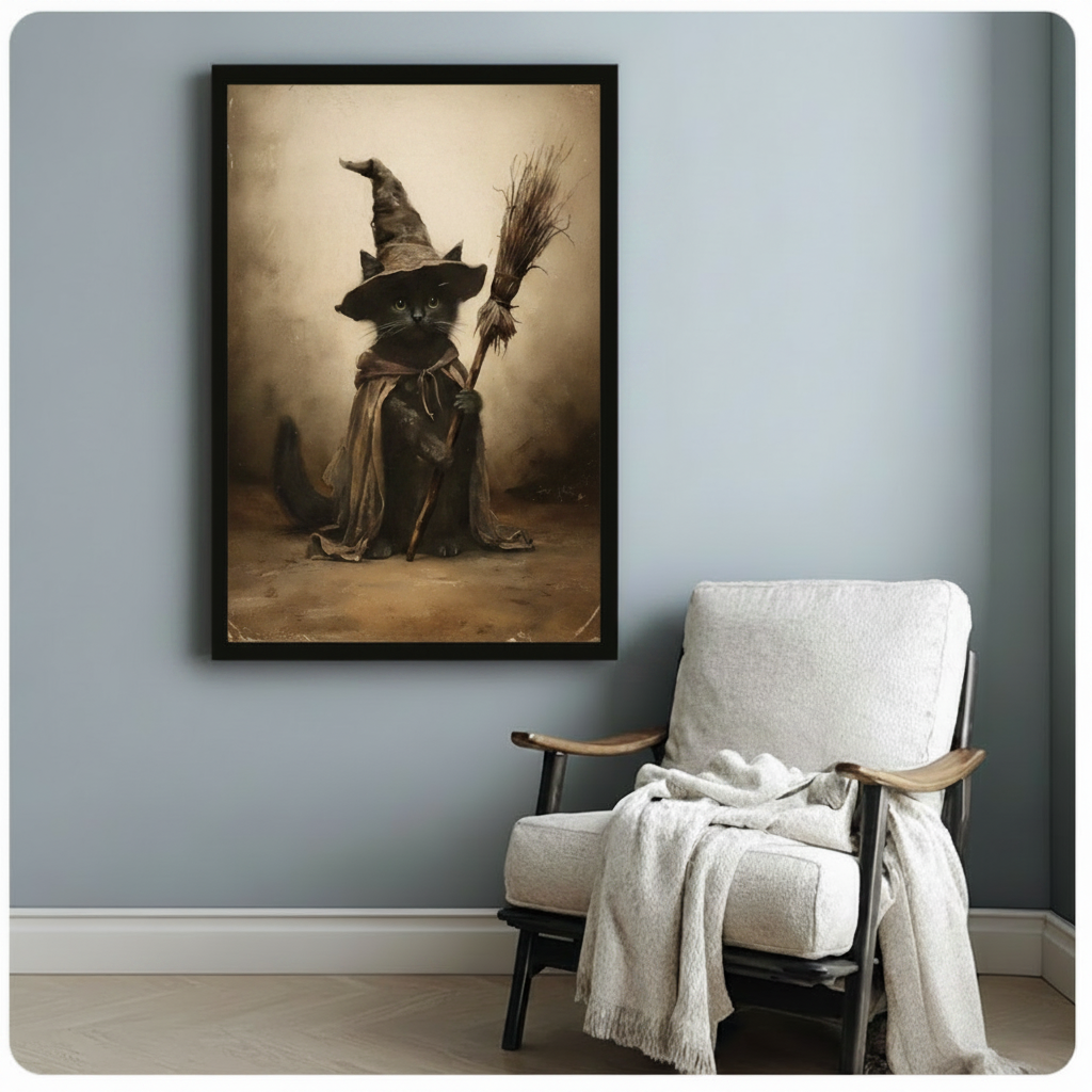 Framed vintage sepia black cat witch with broom wall art hung on blue-grey wall beside white linen armchair in cozy reading nook