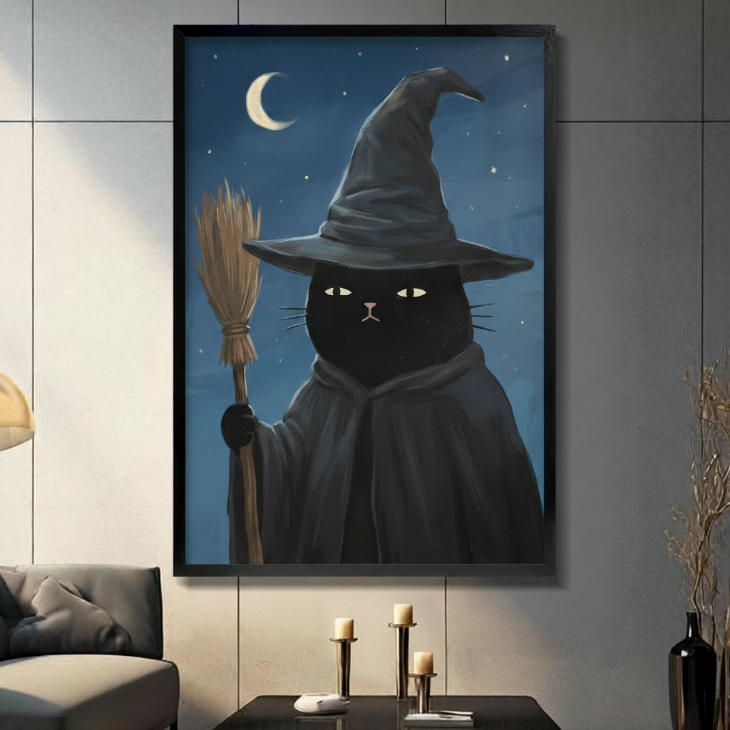 Black cat witch holding broom under crescent moon framed canvas wall art hung in modern living room, dark blue gothic Halloween oil painting