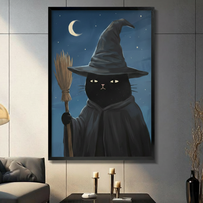 Black cat witch holding broom under crescent moon framed canvas wall art hung in modern living room, dark blue gothic Halloween oil painting
