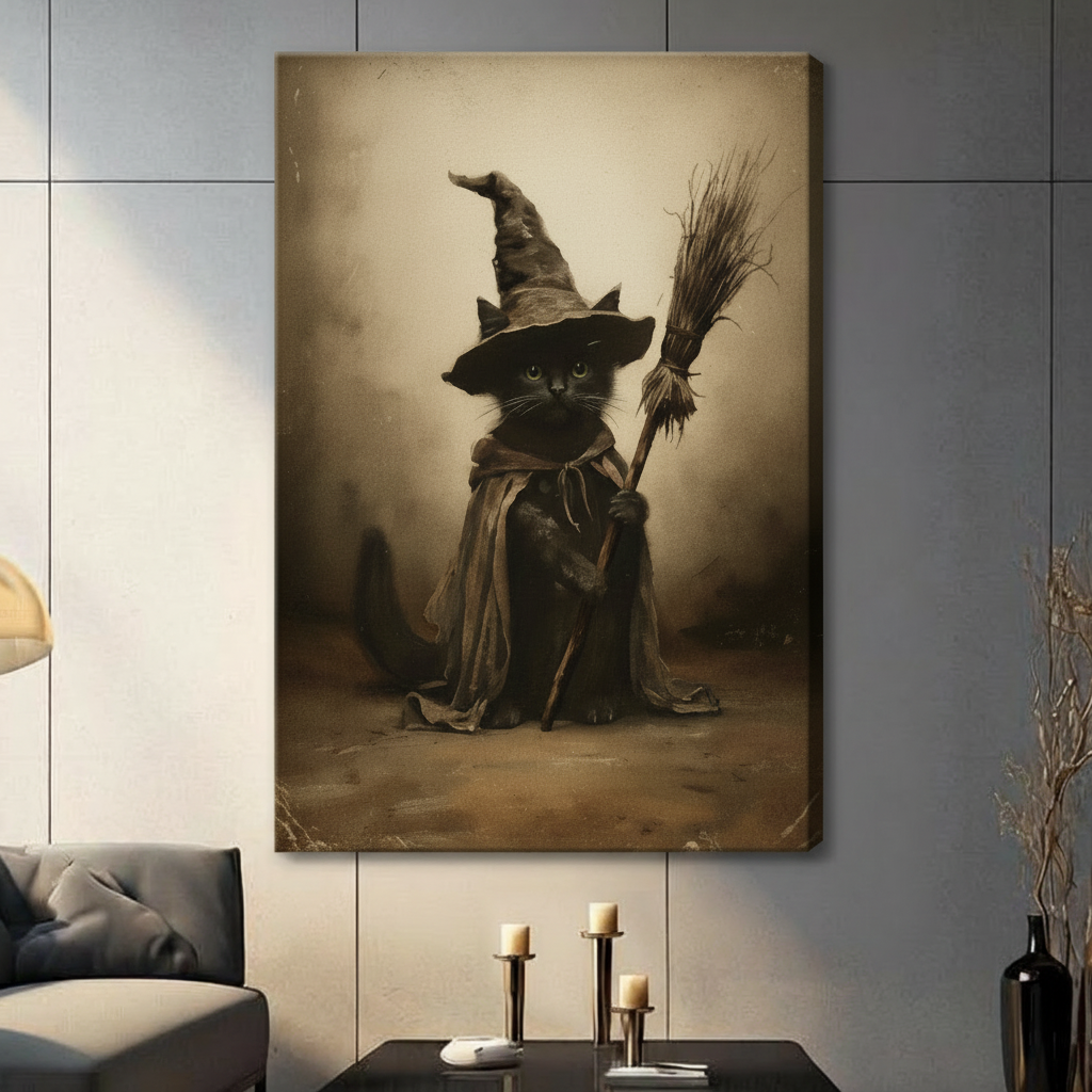 Unframed black cat witch holding broom sepia-toned canvas print wall art in contemporary living room with gothic dark academia aesthetic