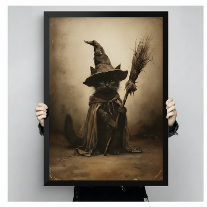 Person holding framed black cat witch broom vintage sepia canvas to show actual print size and black frame detail against neutral background