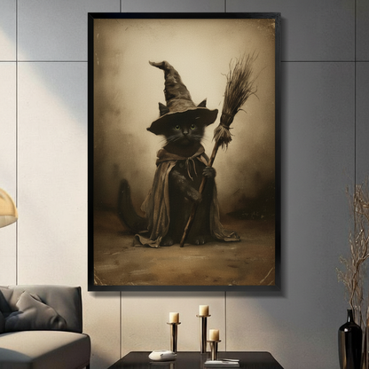Framed black cat witch with broom vintage sepia canvas wall art displayed in moody dark grey living room with candlestick console decor