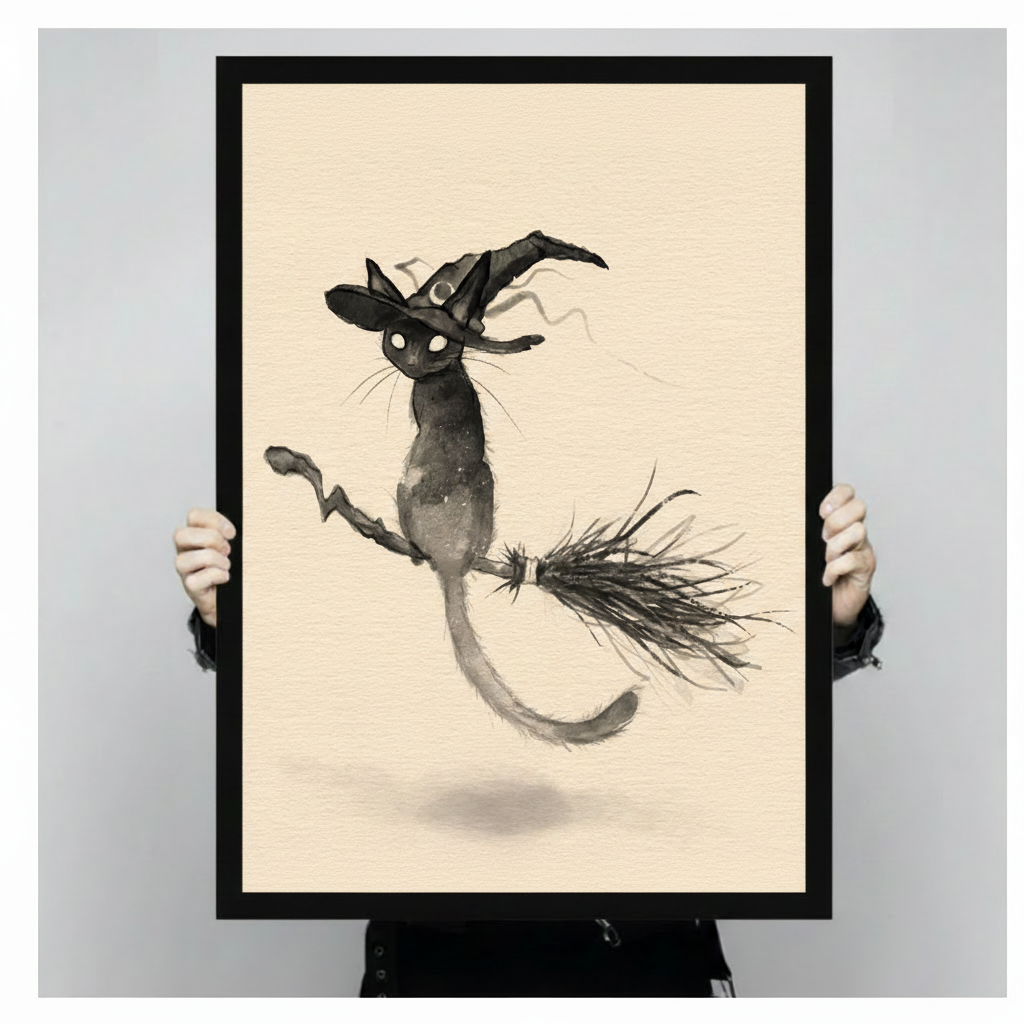 Two hands holding framed black cat witch broomstick ink painting canvas to demonstrate actual print size and black frame quality