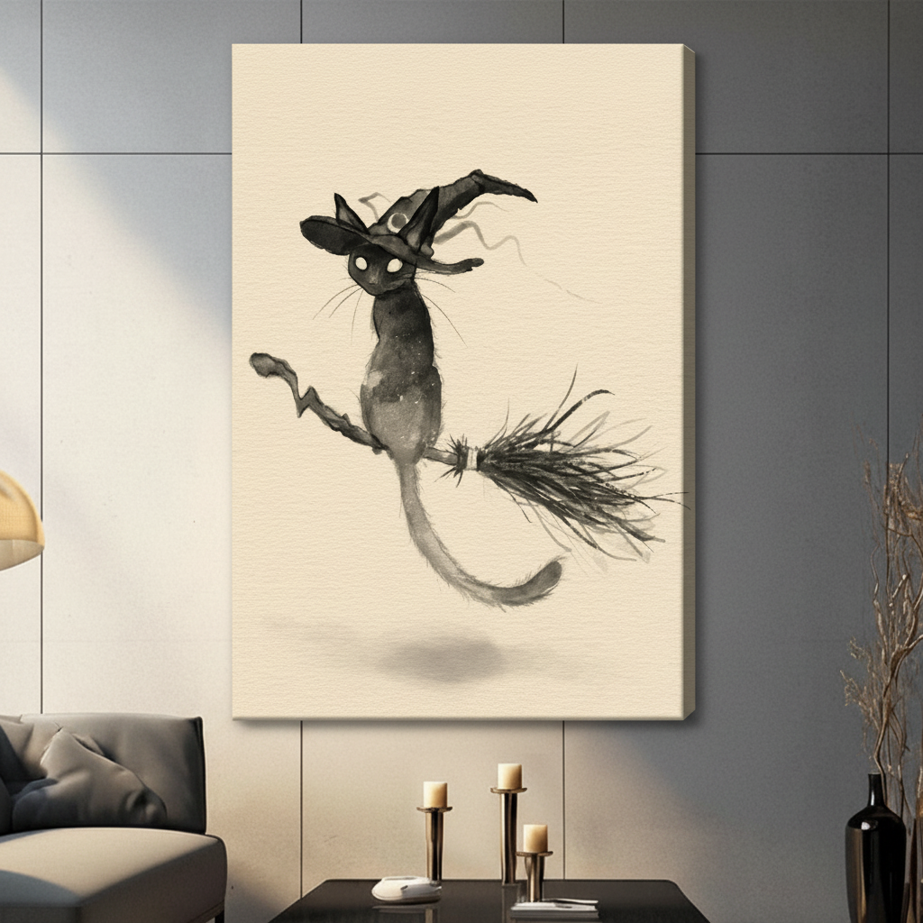 Unframed black cat witch on broomstick ink illustration canvas print wall art against grey paneled wall in contemporary living room setting