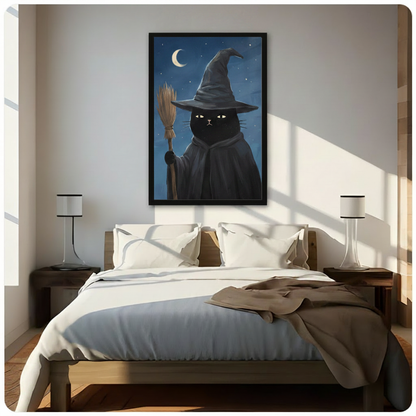 Black cat witch hat broom crescent moon canvas wall art hung above wooden bed headboard in bright bedroom, gothic Halloween framed painting