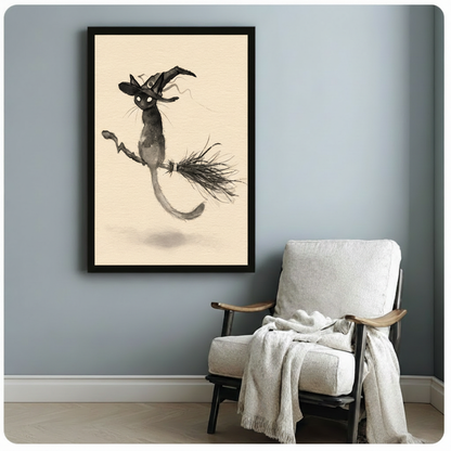 Framed black cat witch flying broom ink painting wall art hung on blue-grey wall beside white linen armchair with cozy throw in reading nook