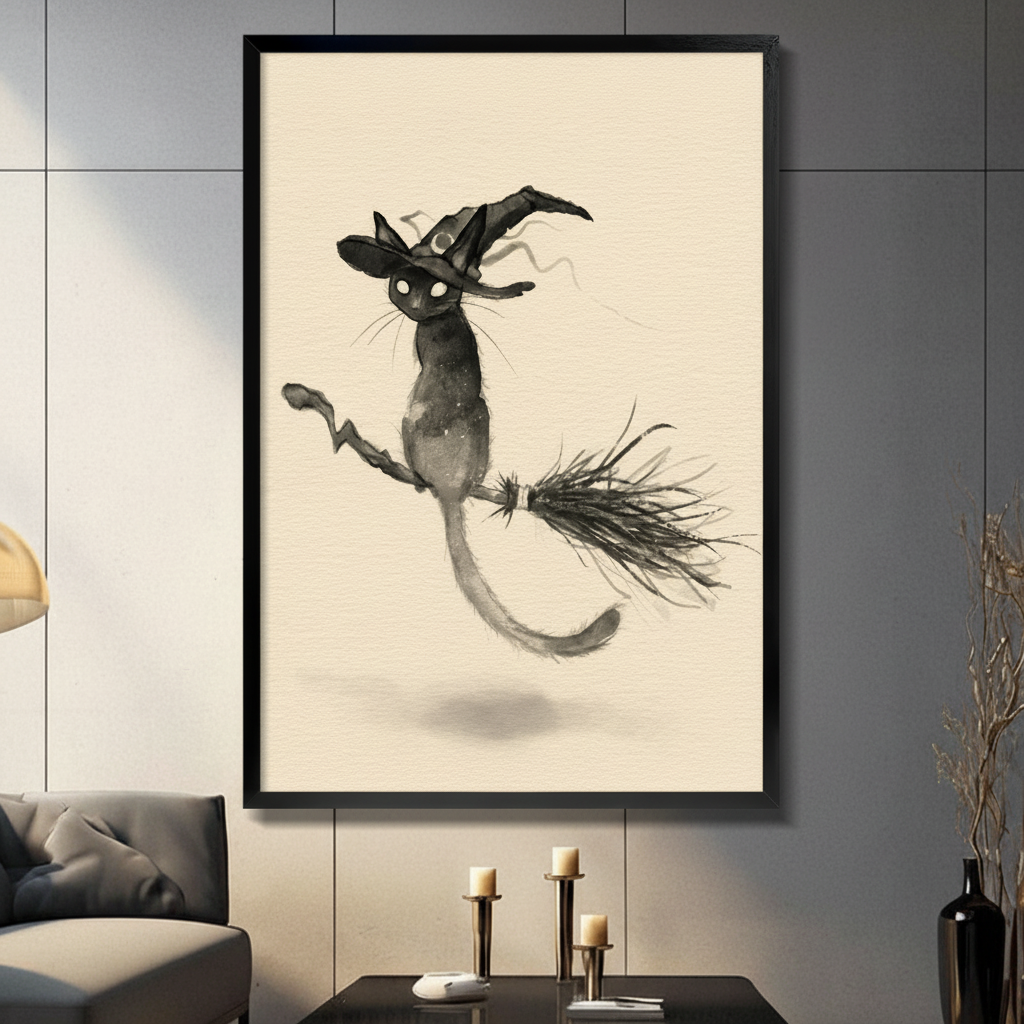 Framed black cat witch flying on broomstick ink painting canvas wall art displayed in modern living room with grey paneled wall and candlestick decor