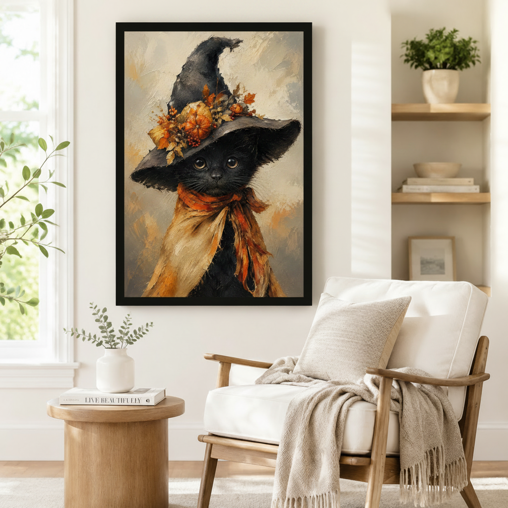 Framed gothic-whimsical wall art of a black cat wearing a tall witch hat decorated with fall pumpkins and maple leaves, styled beside a linen armchair in a warm Scandinavian reading nook