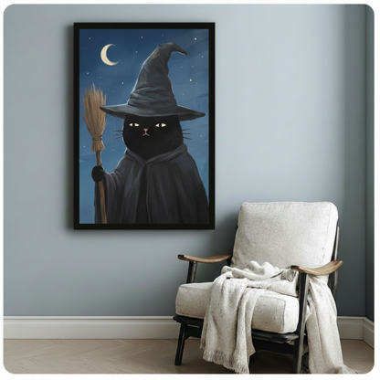 Black cat wearing witch hat holding broom framed wall art beside white accent chair in cozy reading nook, gothic Halloween canvas painting