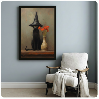 Vertical framed canvas of a brooding black cat in a witch hat with an orange floral vase, hung beside a white armchair in a cozy reading nook