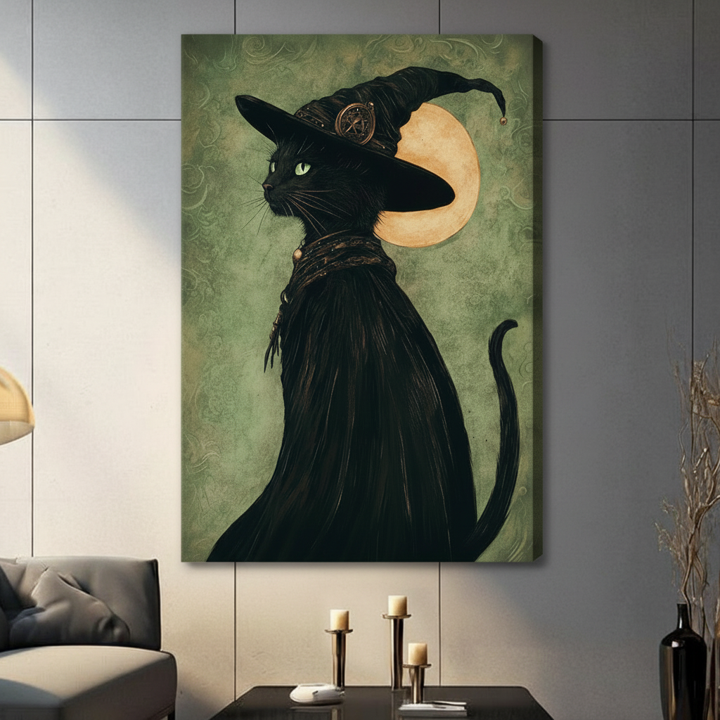 Mystical black cat witch hat canvas print wall decor with sage green background and golden moon in modern living room