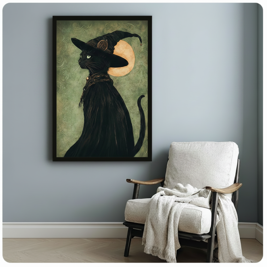 Gothic black cat with pointed witch hat framed art print hung on blue-gray wall beside white linen accent chair