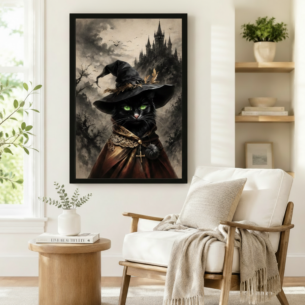Dark fantasy black cat in witch hat framed wall art print, styled in a cozy reading nook with a linen armchair and natural wood side table