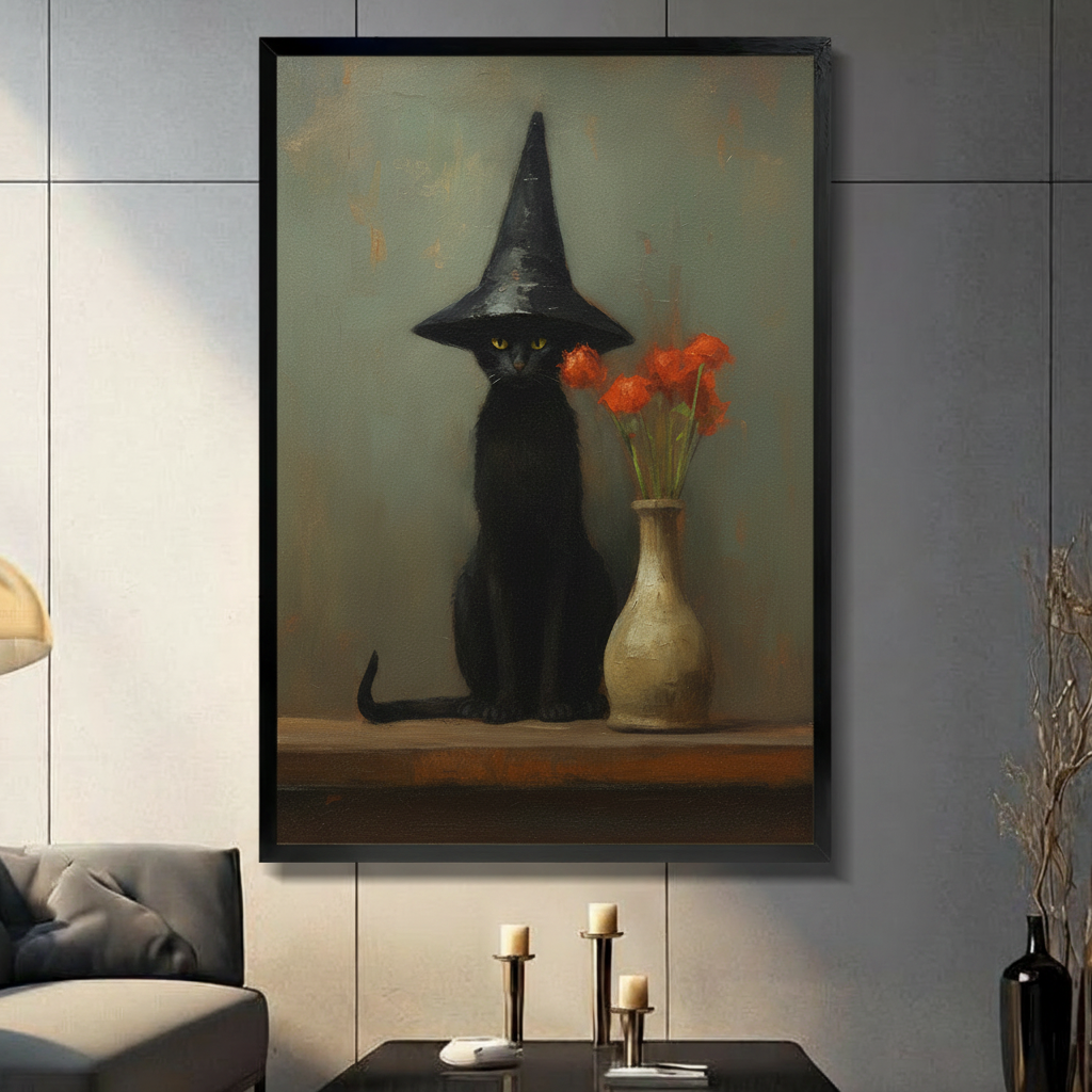 Framed canvas wall art of a black cat wearing a witch hat beside a cream vase with red flowers, displayed in a dark modern living room