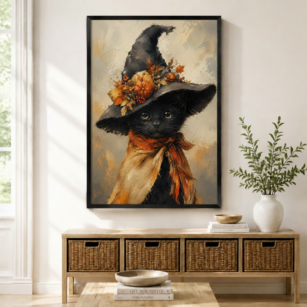 Framed black cat witch hat wall art print featuring a wide-eyed black kitten wearing a tall dark witch hat adorned with autumn leaves, pumpkins, and berries with an orange scarf, displayed above a wicker console in a bright entryway
Image 2 — Gallery wrap canvas, living room sofa setting