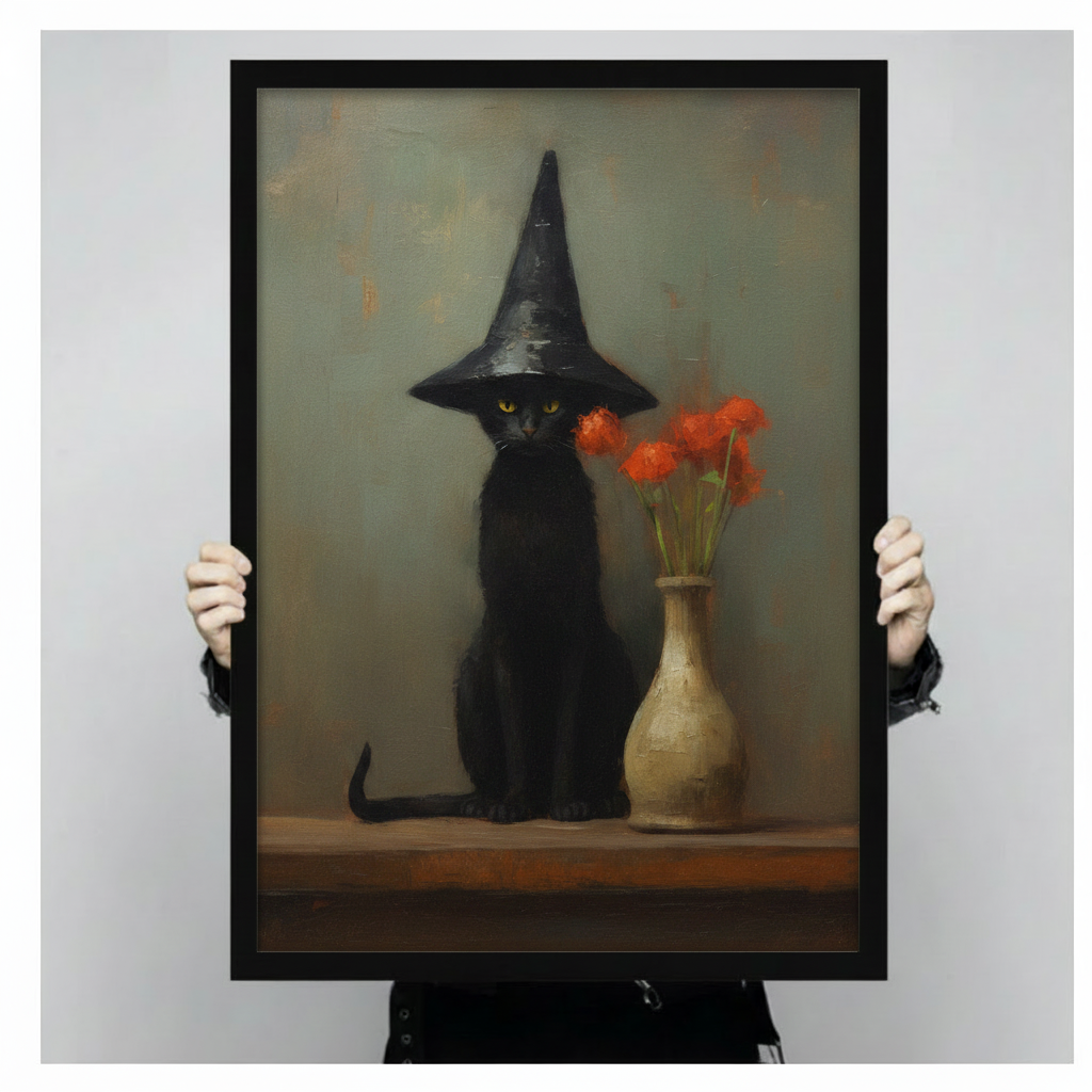 Hand-held framed wall art print showing a black cat wearing a pointed witch hat seated next to a cream vase with red flowers on a wooden shelf