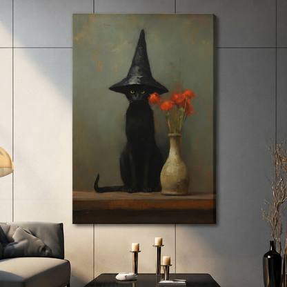 Gallery-wrapped canvas featuring a mysterious black cat in a pointed witch hat next to a ceramic vase with orange blooms, hung in a contemporary living space