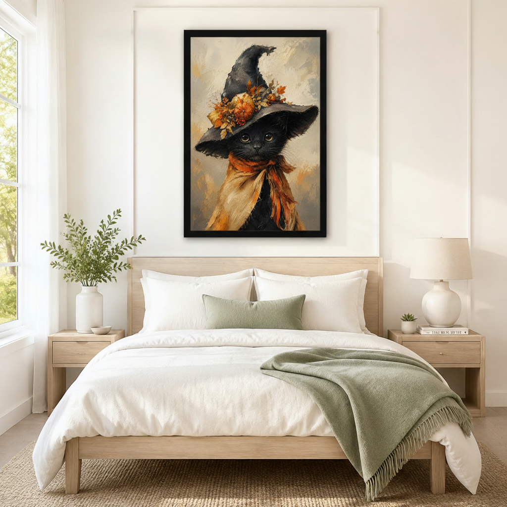 Framed whimsical Halloween wall art of a black kitten in an oversized witch hat with autumn floral accents and an orange scarf, displayed above a neutral linen bed in a serene Scandinavian bedroom