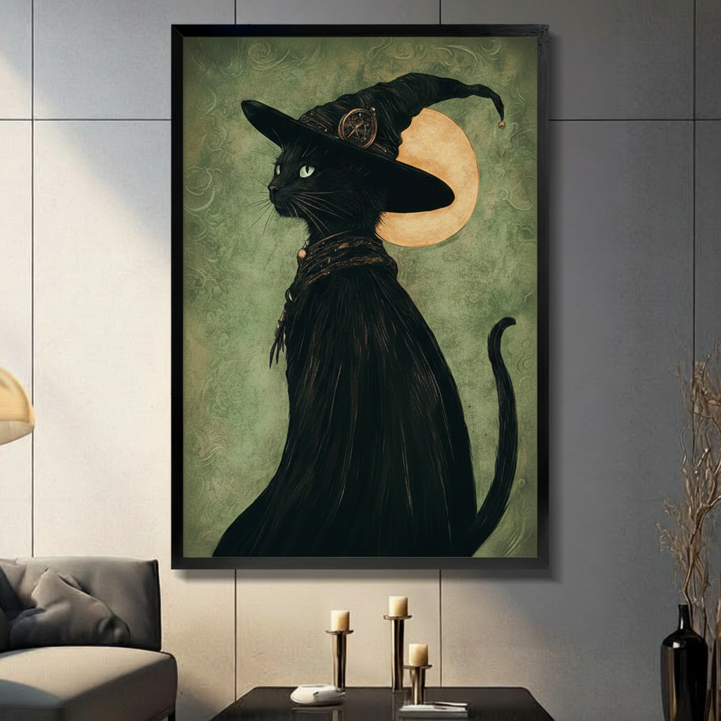Black cat wearing witch hat with crescent moon framed wall art poster displayed in moody living room above candle holders