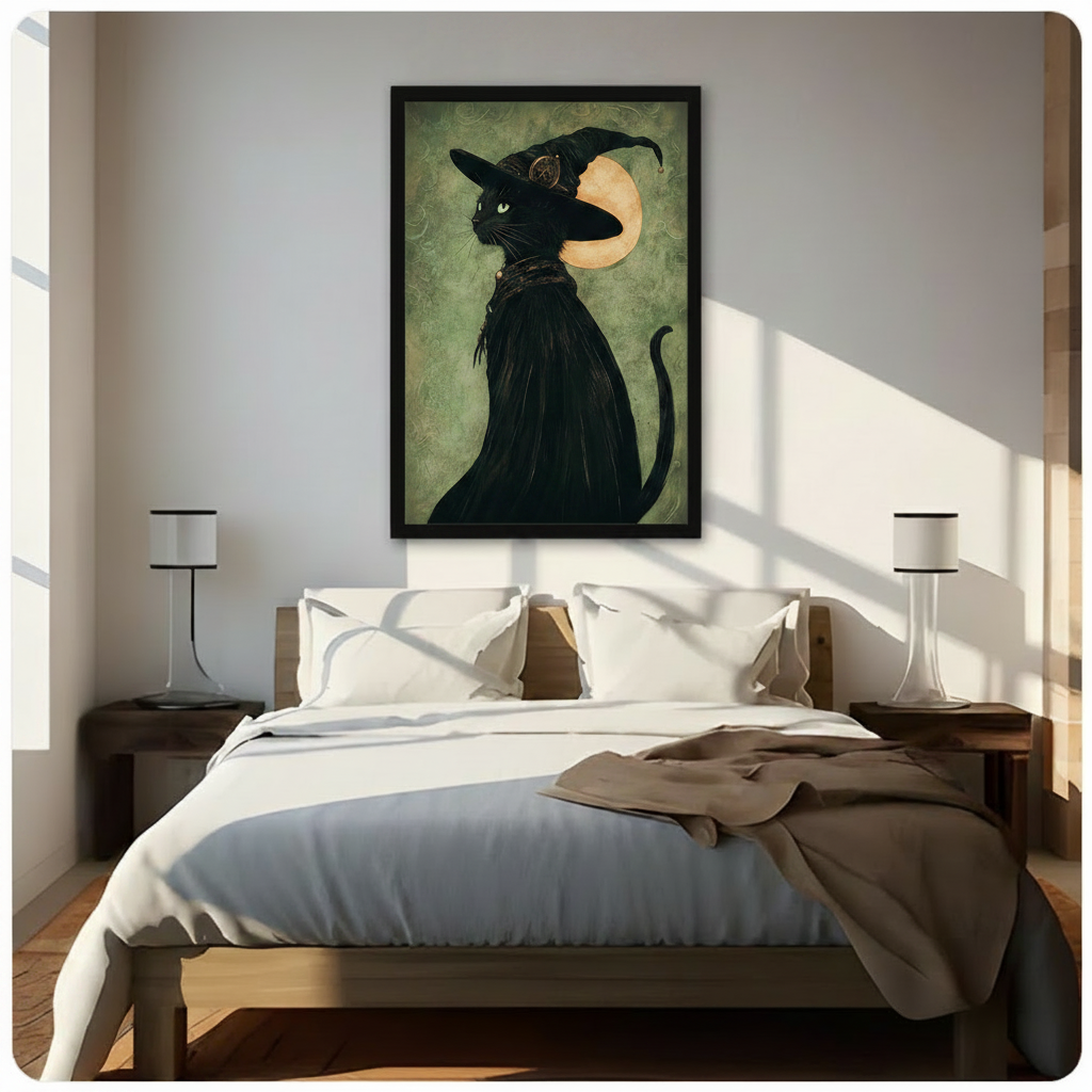 Mysterious black cat witch hat moon framed poster above bed in bright minimalist bedroom with natural sunlight