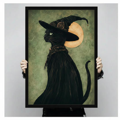 Close-up of black cat witch hat Halloween wall art in black frame held by person showing vintage occult illustration detail