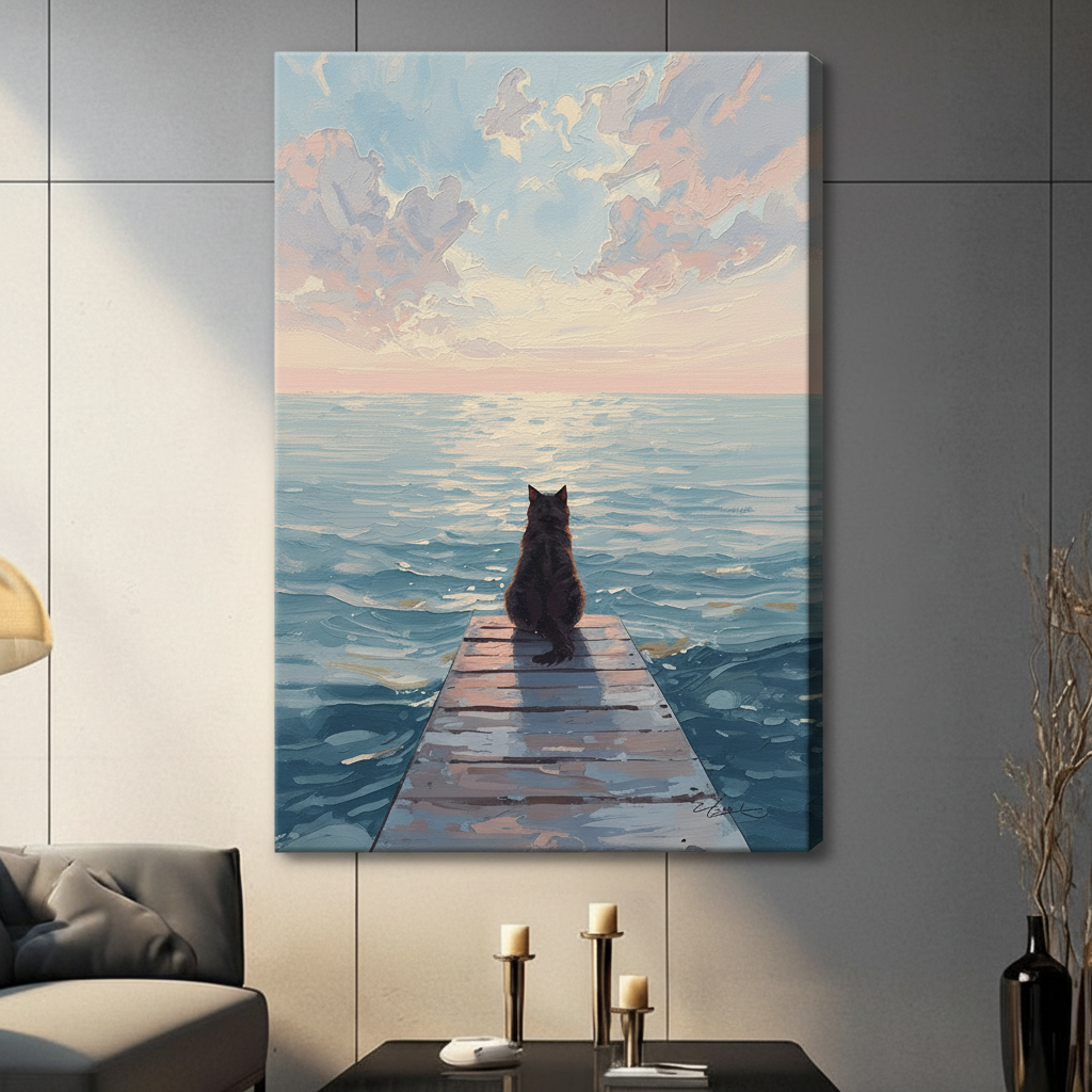 Canvas wrap print of a lone black cat perched at the tip of a rustic wooden dock overlooking a calm shimmering ocean under a soft pastel sky, hung on grey wall