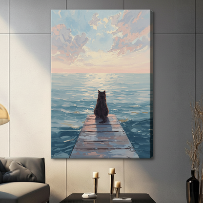 Canvas wrap print of a lone black cat perched at the tip of a rustic wooden dock overlooking a calm shimmering ocean under a soft pastel sky, hung on grey wall
