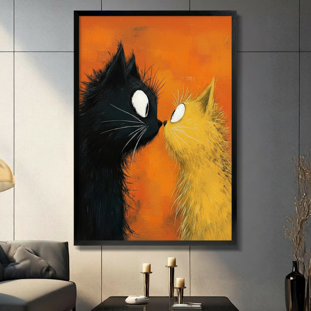 Framed canvas wall art of a black cat and yellow cat facing each other nose to nose with wide white eyes on a vibrant orange background, displayed in a moody dark living room