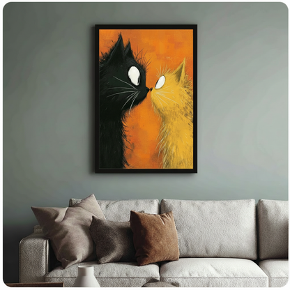 Framed whimsical cat art print showing a black and yellow cat touching noses on an orange background, hung above a cream sofa in a sage green living room