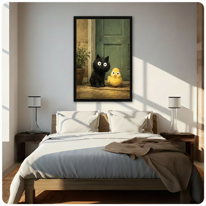 Black cat and yellow chick wall art in black frame above bed in minimalist bedroom with warm morning sunlight, cute animal poster
