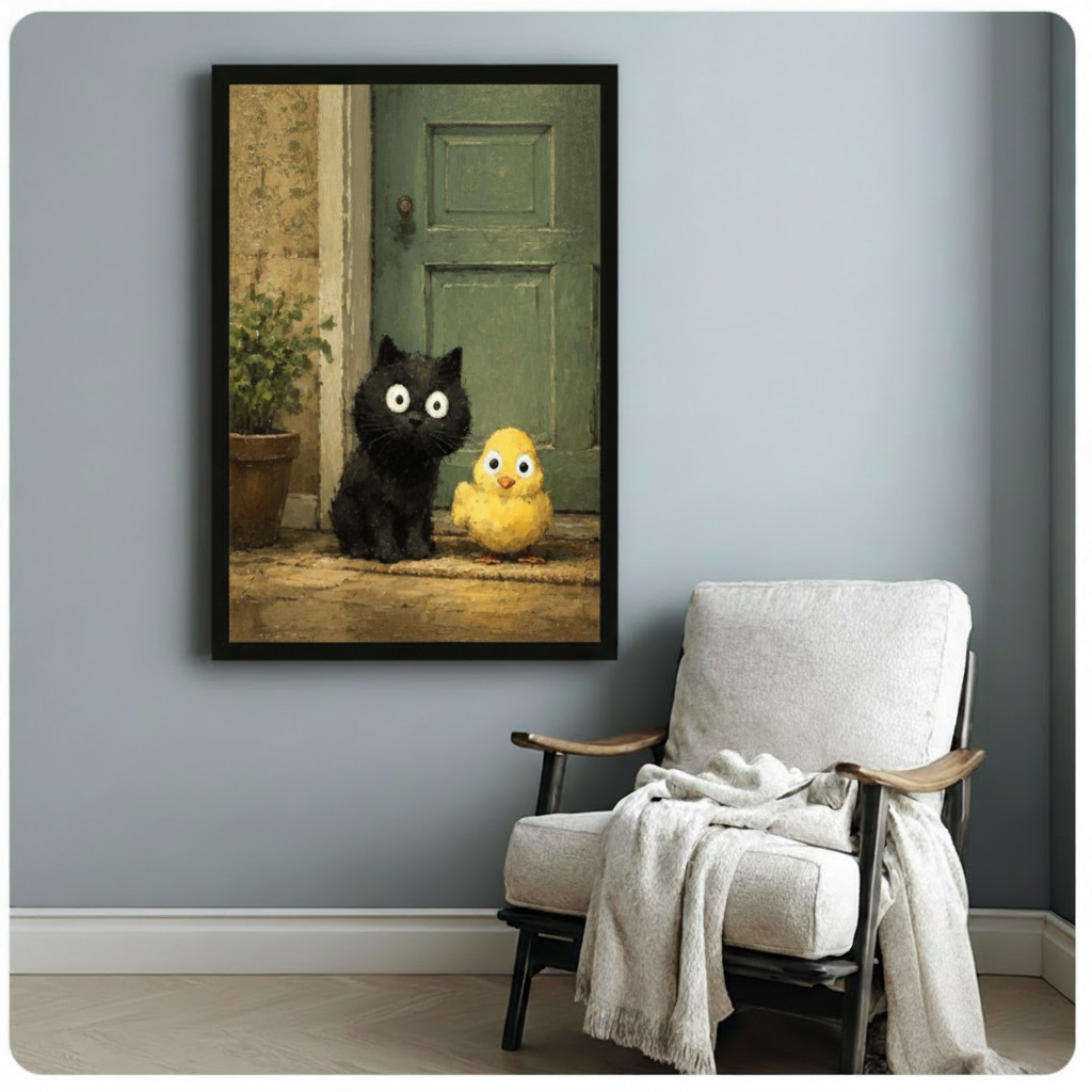 Black cat and yellow chick framed art print on blue-grey wall beside linen armchair, whimsical animal wall decor for reading nook
