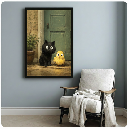 Black cat and yellow chick framed art print on blue-grey wall beside linen armchair, whimsical animal wall decor for reading nook