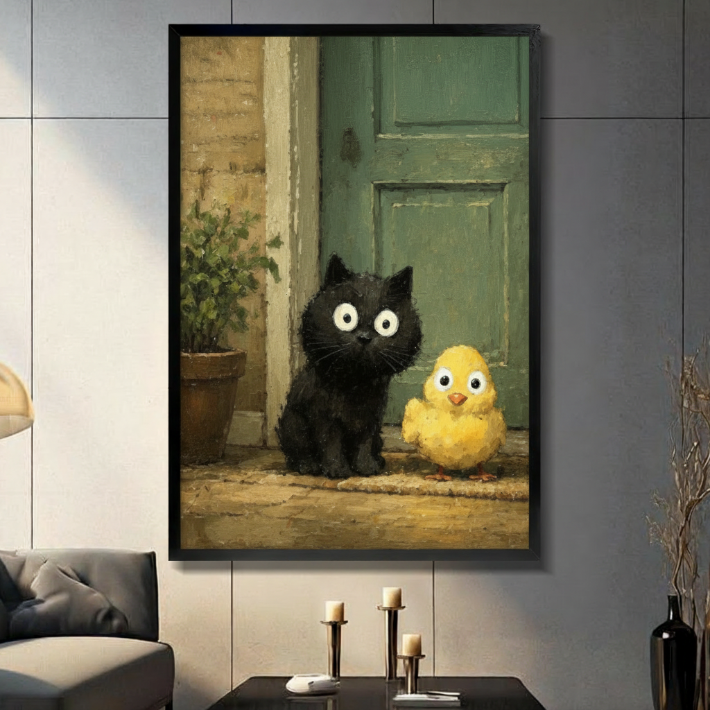 Black kitten and yellow chick oil painting poster in black frame on grey wall above console table, cute animal living room decor