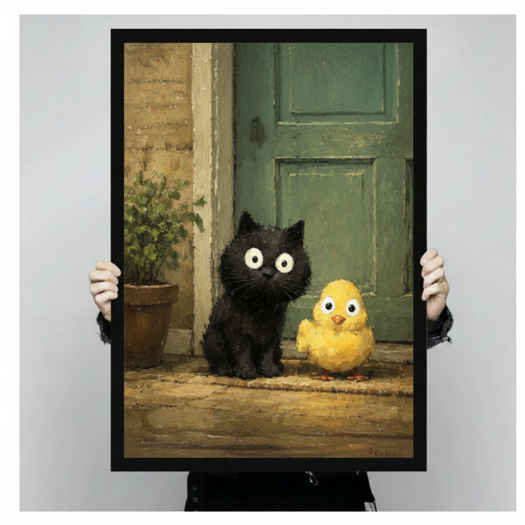 Black kitten and yellow chick oil painting print in black frame held in hands, showing large print size and fine art quality