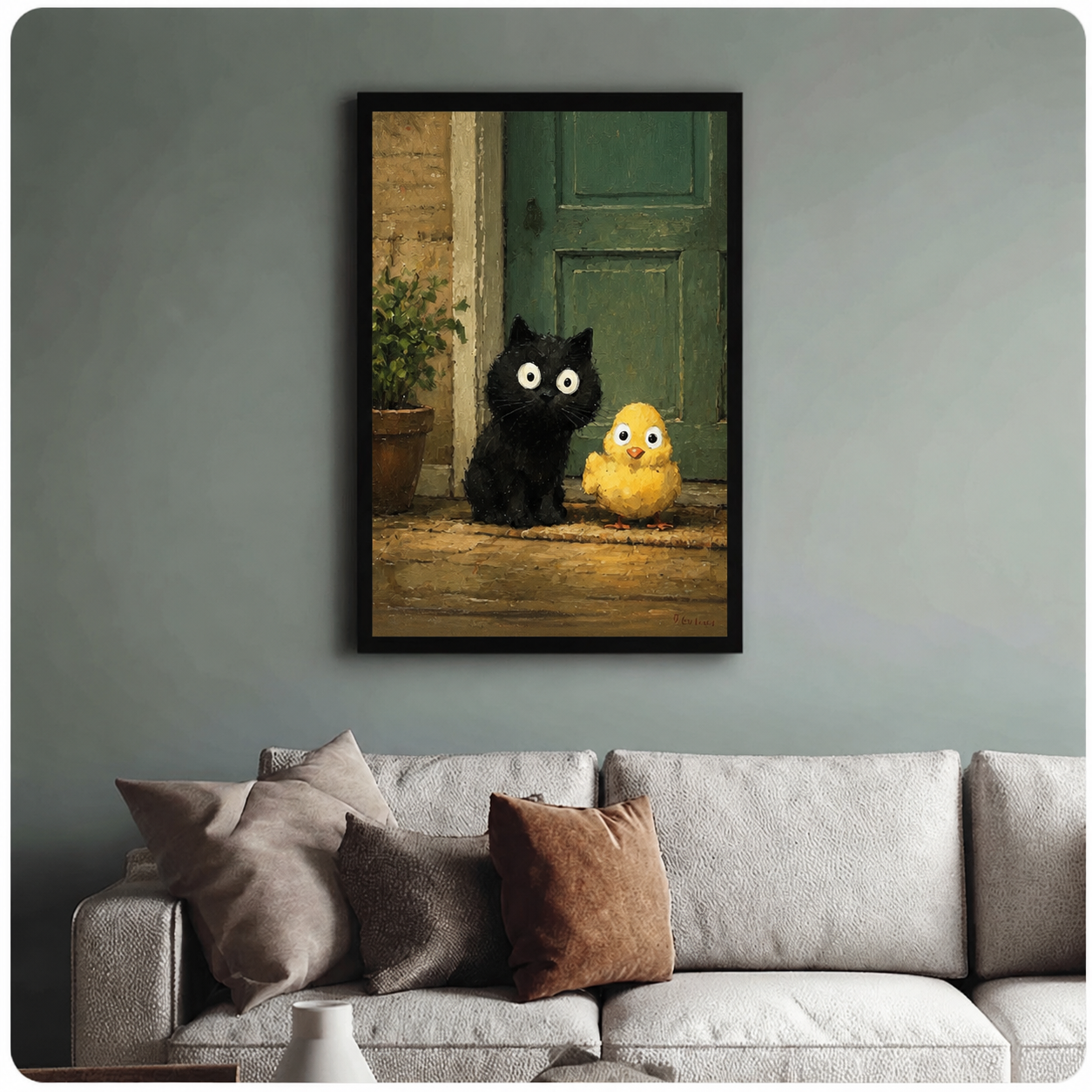 Black kitten and yellow chick oil painting in black frame on sage green-grey wall above linen sofa, whimsical cute animal wall art
