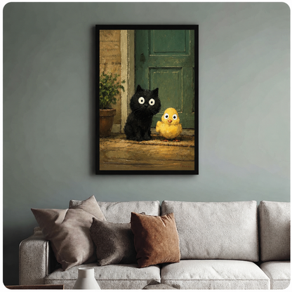 Black kitten and yellow chick oil painting in black frame on sage green-grey wall above linen sofa, whimsical cute animal wall art

