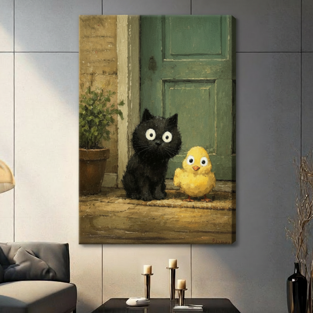Black kitten and yellow chick canvas wrap print on grey wall, frameless oil painting style cute animal wall art