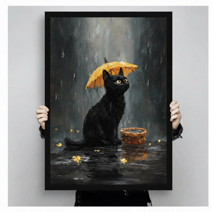 Hand-held framed print showing a black cat with golden eyes beneath a yellow umbrella in the rain, dark moody oil painting style with golden petal details