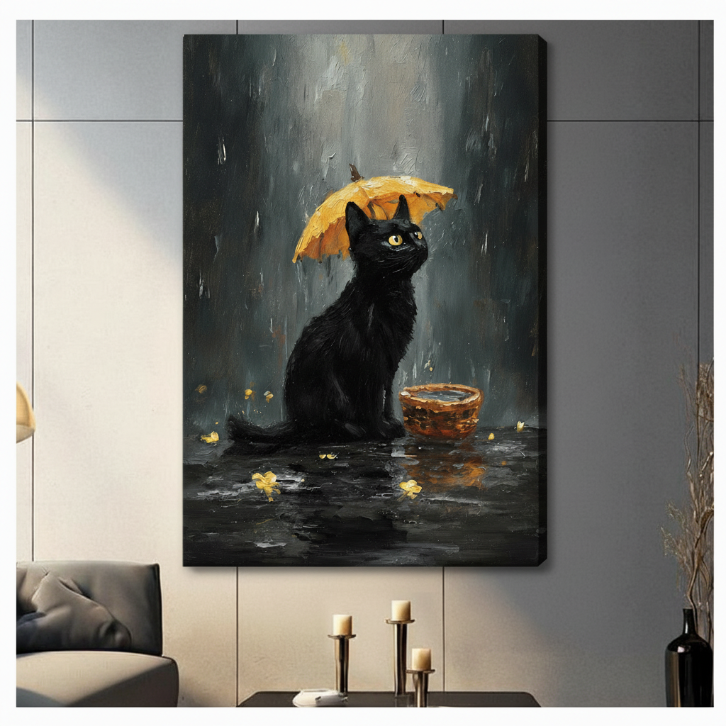 Moody oil painting of a black cat sheltering under a yellow umbrella in the rain, golden petals scattered on reflective ground, canvas wrap wall art in contemporary living room setting