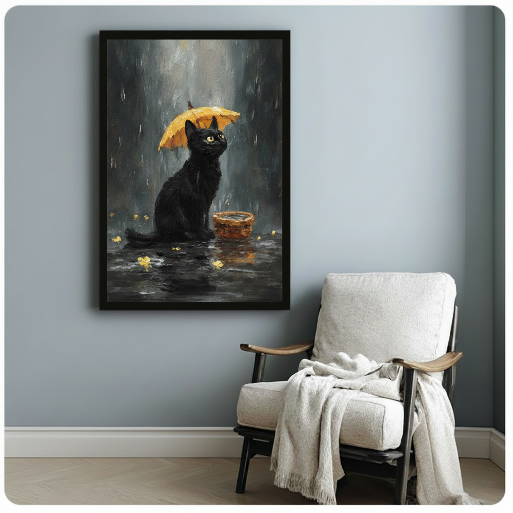 Dramatic black cat rain umbrella oil painting wall art, black framed print styled in cozy reading nook with white linen armchair and draped blanket