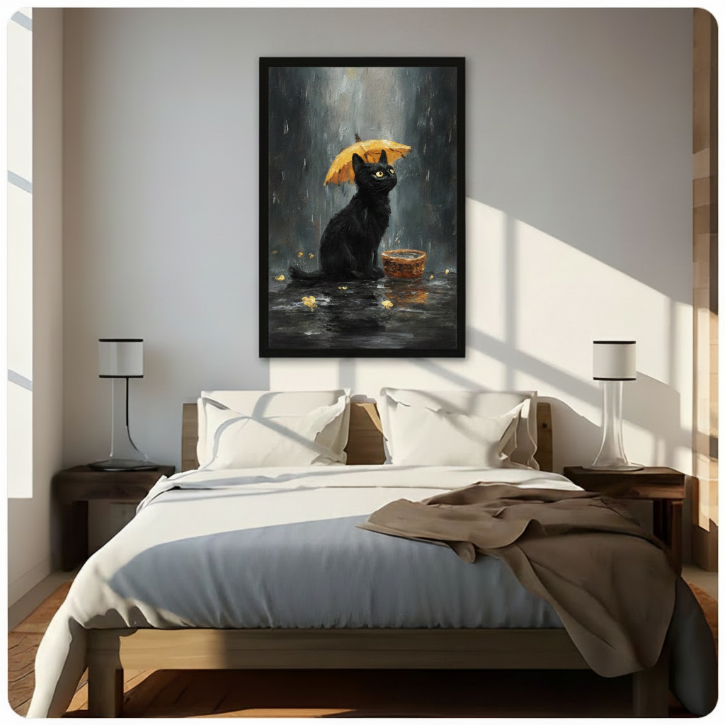 Black cat yellow umbrella rain painting framed wall art above bed in bright minimalist bedroom, dark dramatic artwork contrasting with soft neutral bedding and warm natural light