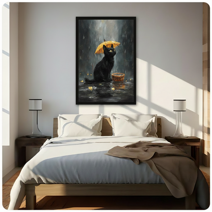Black cat yellow umbrella rain painting framed wall art above bed in bright minimalist bedroom, dark dramatic artwork contrasting with soft neutral bedding and warm natural light