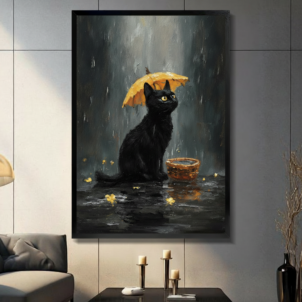 Black cat sitting in the rain under a yellow umbrella with golden petals on wet ground, dark oil painting style, black framed wall art in modern living room with dark sofa and candle holders