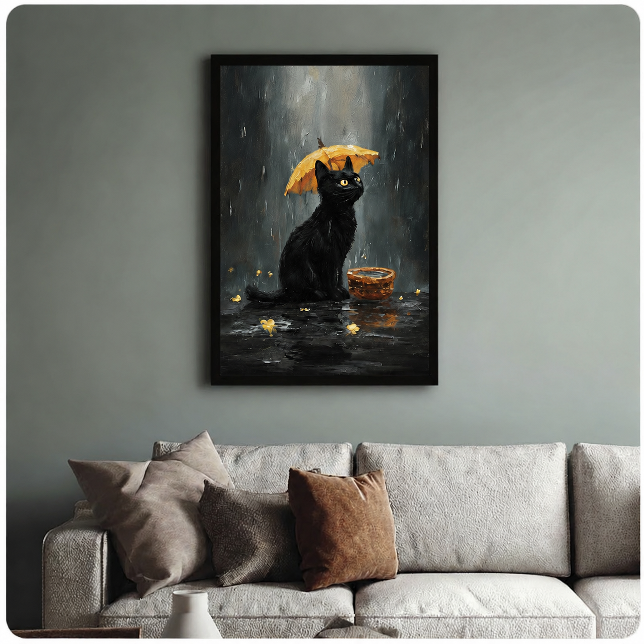 Dark atmospheric painting of a black cat with glowing yellow eyes under a golden umbrella in rain, framed wall art above beige fabric sofa in blue-grey living room