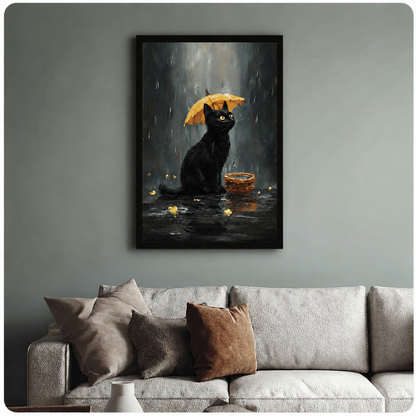 Dark atmospheric painting of a black cat with glowing yellow eyes under a golden umbrella in rain, framed wall art above beige fabric sofa in blue-grey living room
